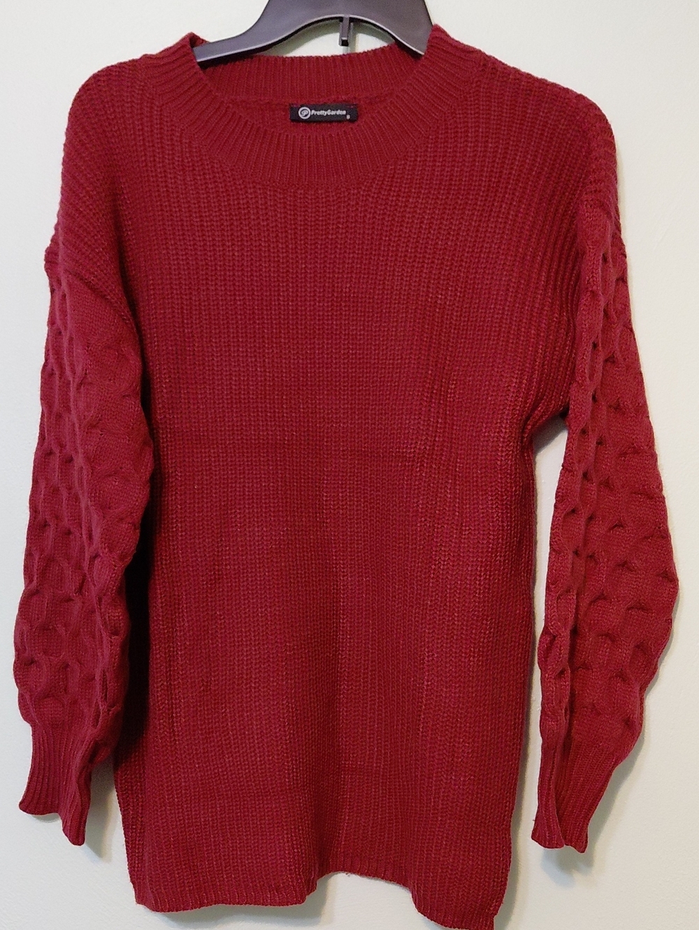 PRETTY GARDEN Women's Burgundy  Crew Neck Cable-Sleeve Sweater Size Small
